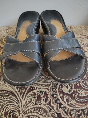 Børn Black Leather Stitching Slip On Wedge Slide Sandals Women's Size 7M